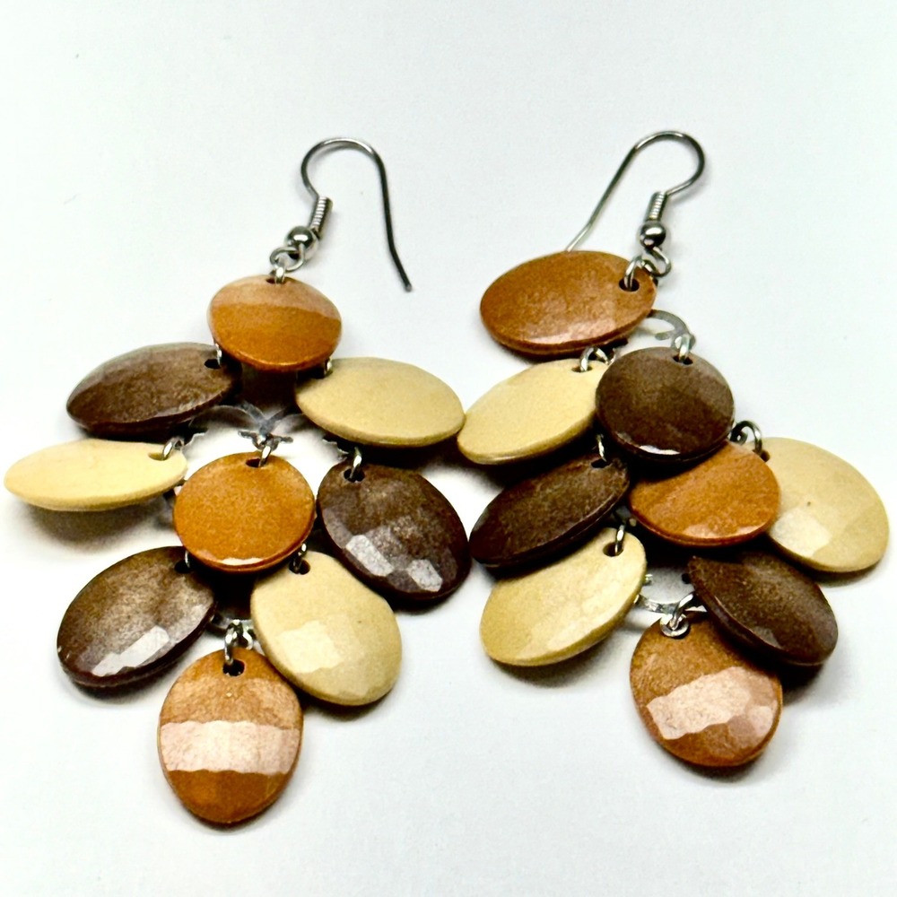 Boho Beaded Dangle‎ Earrings Earth Tone Wood Beads Silver Tone Hooks